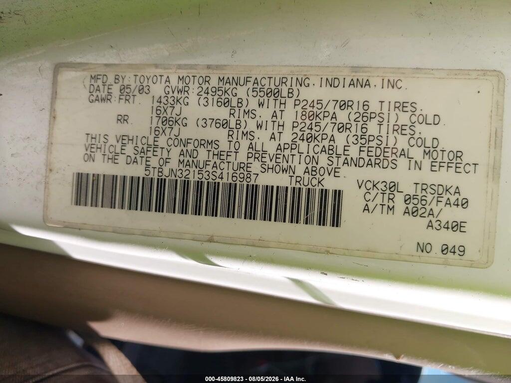 5TBJN32153S416987 2003 TOYOTA TUNDRA photo no. 9