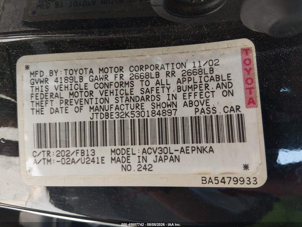 JTDBE32K530184897 2003 TOYOTA CAMRY photo no. 9