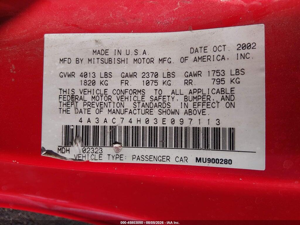 4A3AC74H03E097113 2003 MITSUBISHI ECLIPSE photo no. 9