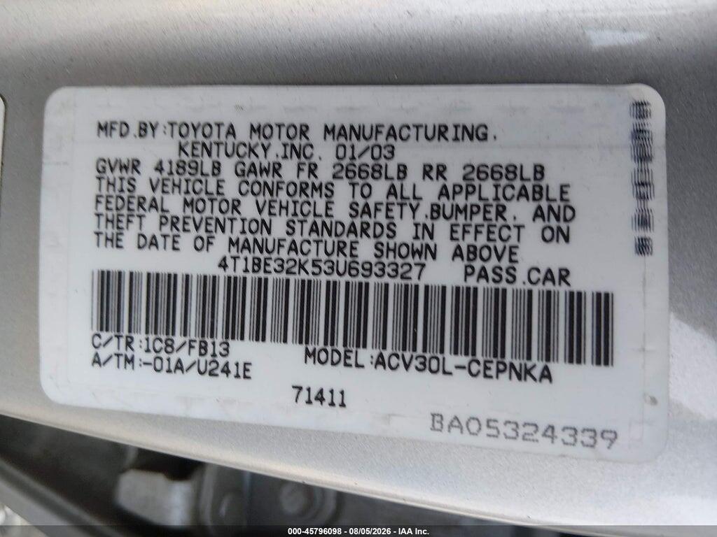 4T1BE32K53U693327 2003 TOYOTA CAMRY photo no. 9