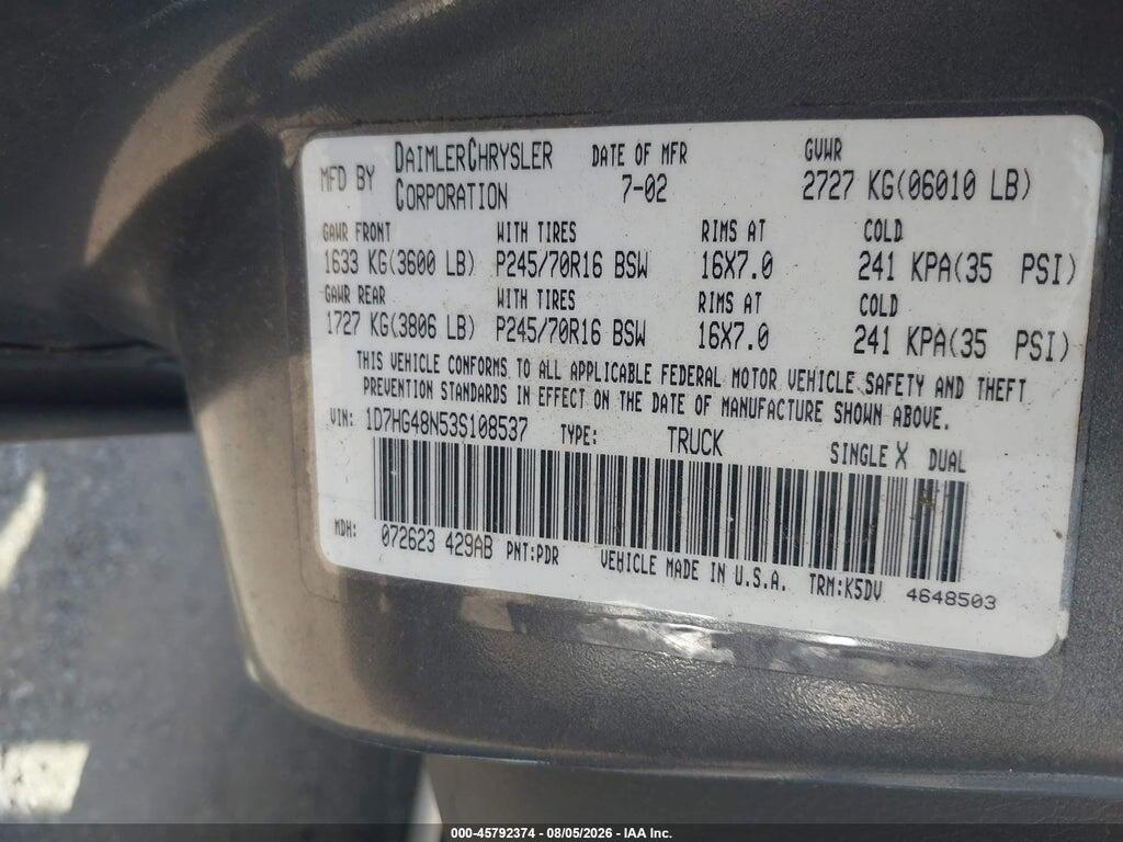 1D7HG48N53S108537 2003 DODGE DAKOTA photo no. 9