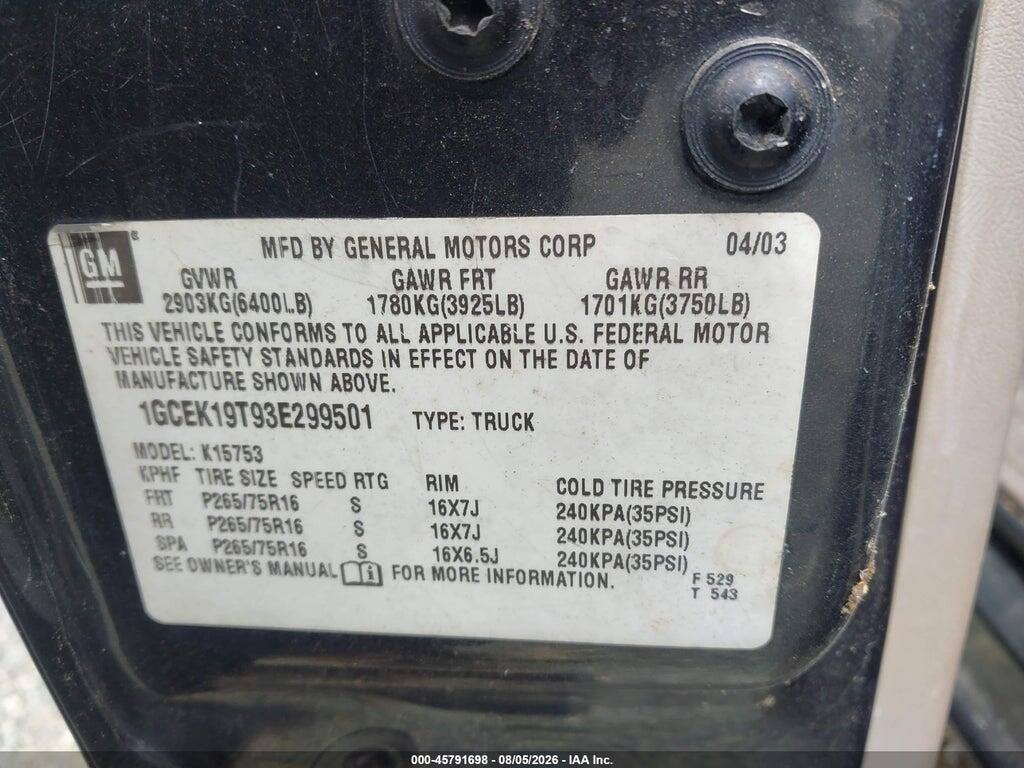 1GCEK19T93E299501 2003 CHEVROLET SILVERADO 1500 photo no. 9