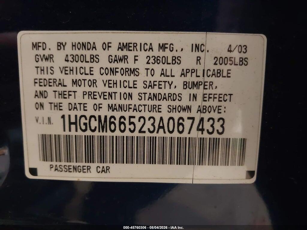 1HGCM66523A067433 2003 HONDA ACCORD SDN photo no. 9