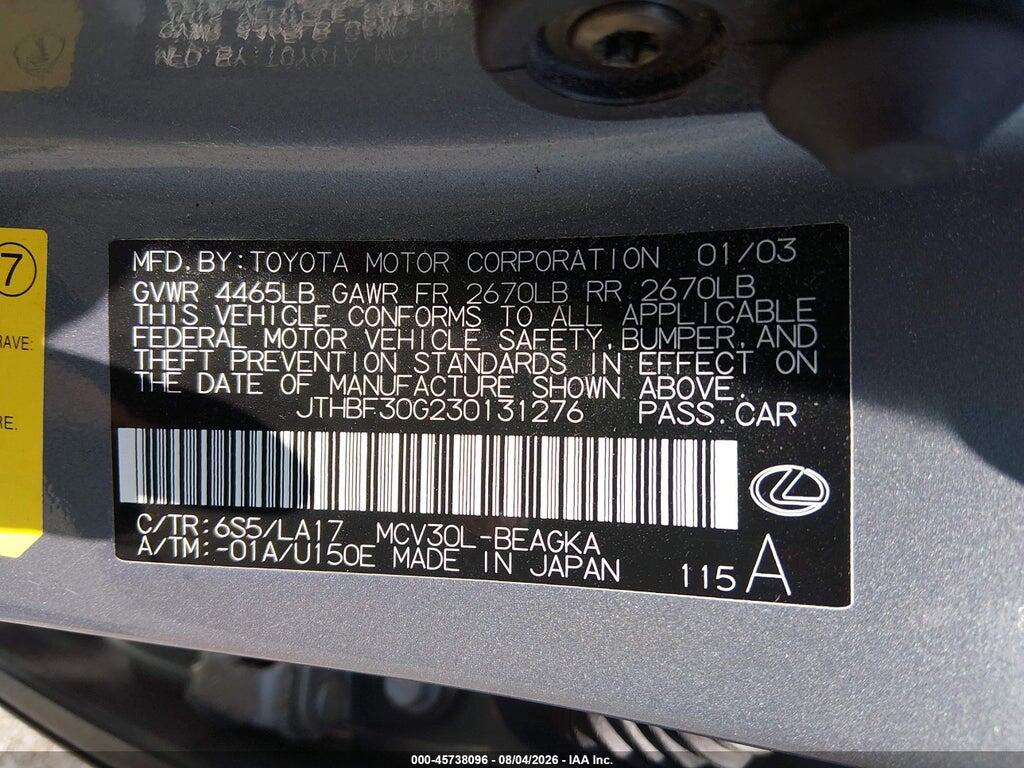 JTHBF30G230131276 2003 LEXUS ES 300 photo no. 9