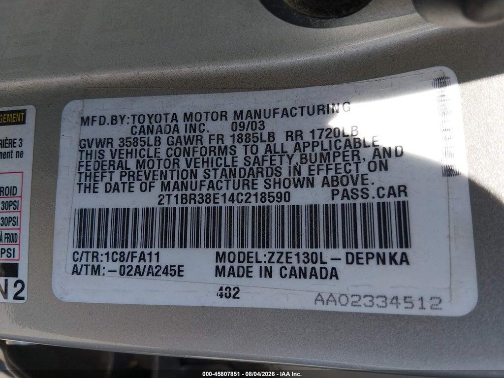2T1BR38E14C218590 2004 TOYOTA COROLLA photo no. 9