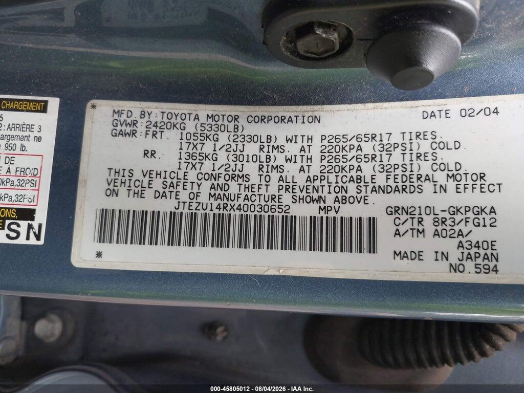 JTEZU14RX40030652 2004 TOYOTA 4RUNNER photo no. 9
