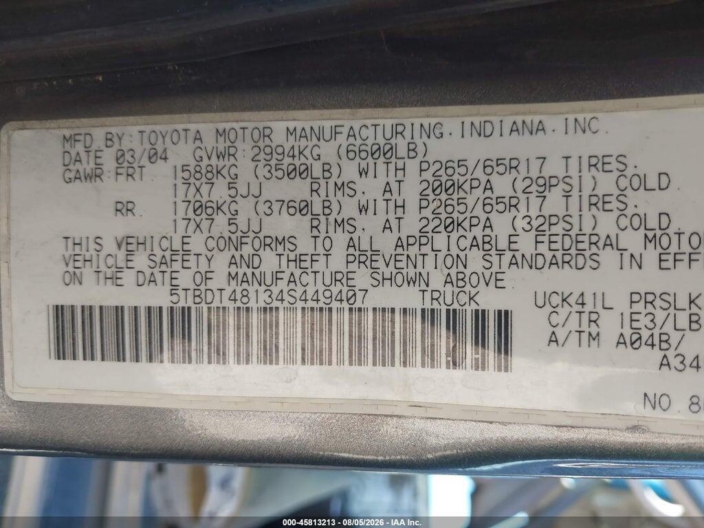 5TBDT48134S449407 2004 TOYOTA TUNDRA photo no. 9