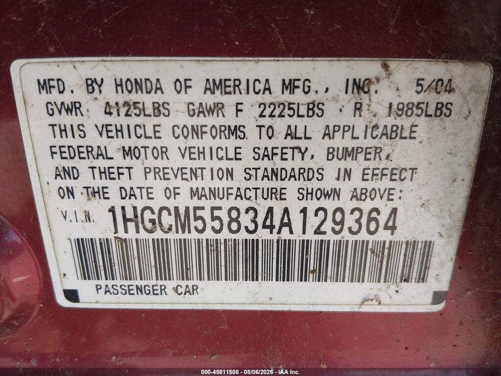 1HGCM55834A129364 2004 HONDA ACCORD photo no. 9