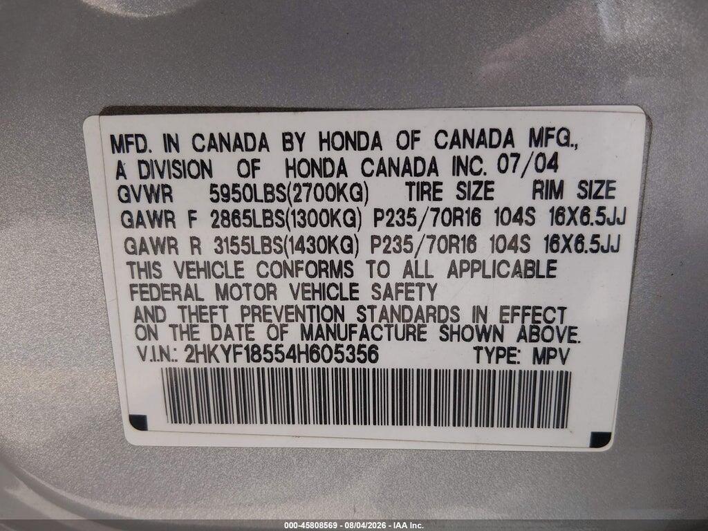 2HKYF18554H605356 2004 HONDA PILOT photo no. 9