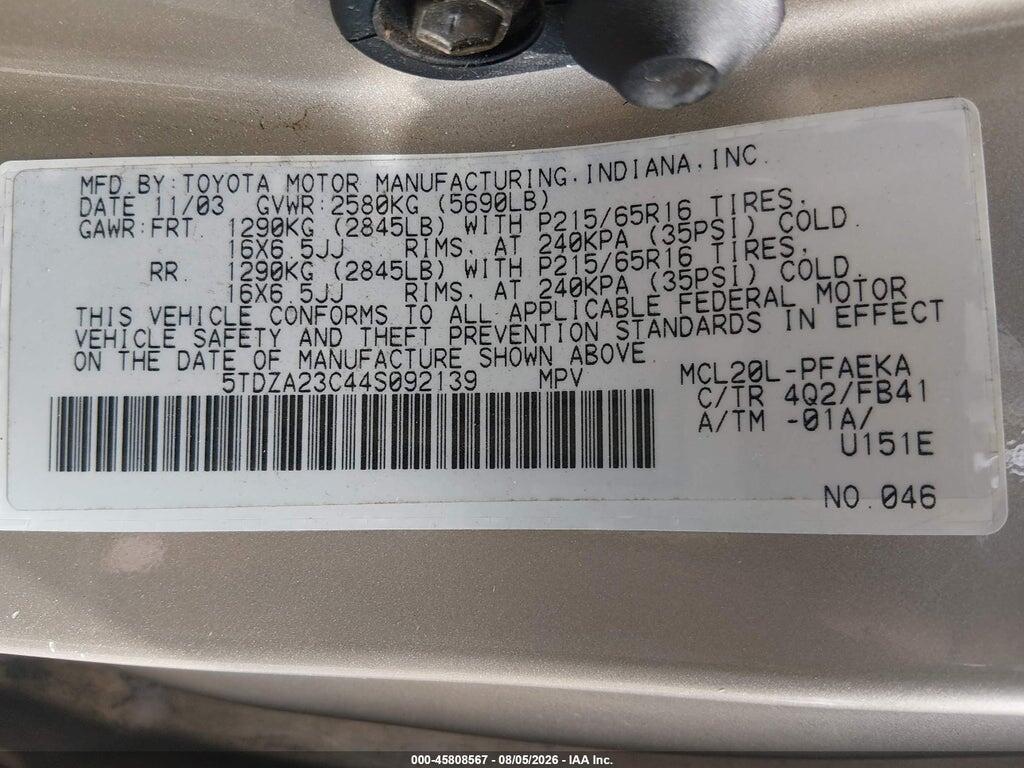 5TDZA23C44S092139 2004 TOYOTA SIENNA photo no. 9