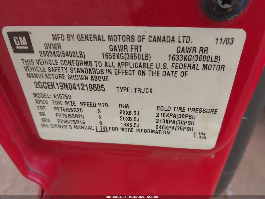 2GCEK19N041219605 2004 CHEVROLET SILVERADO 1500 photo no. 9