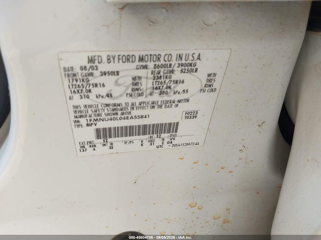 1FMNU40L04EA55841 2004 FORD EXCURSION photo no. 9