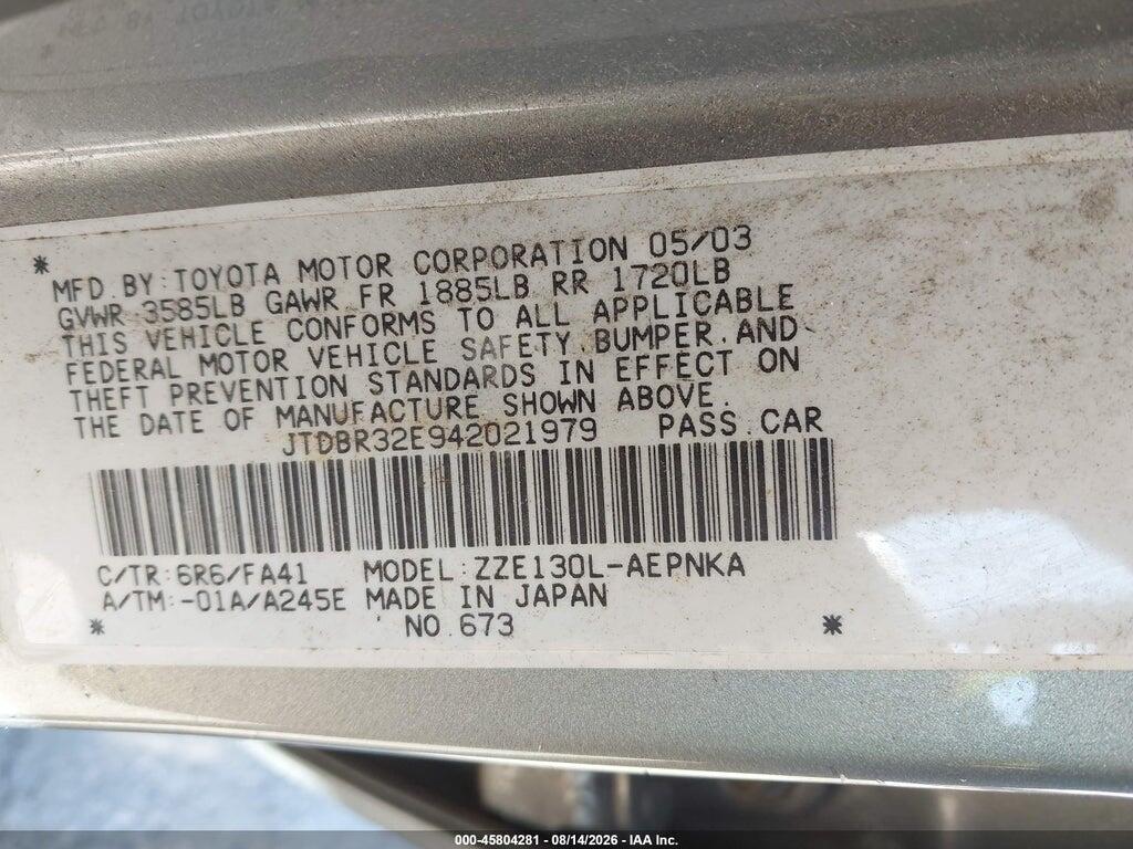 JTDBR32E942021979 2004 TOYOTA COROLLA photo no. 9