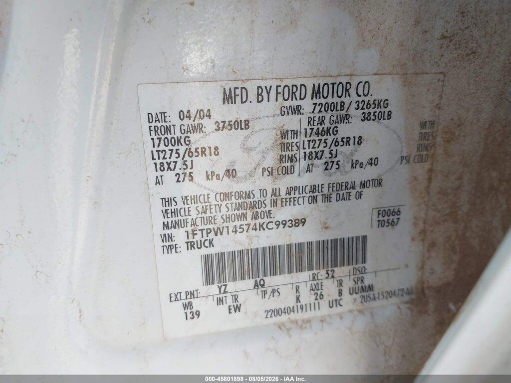 1FTPW14574KC99389 2004 FORD F-150 photo no. 9