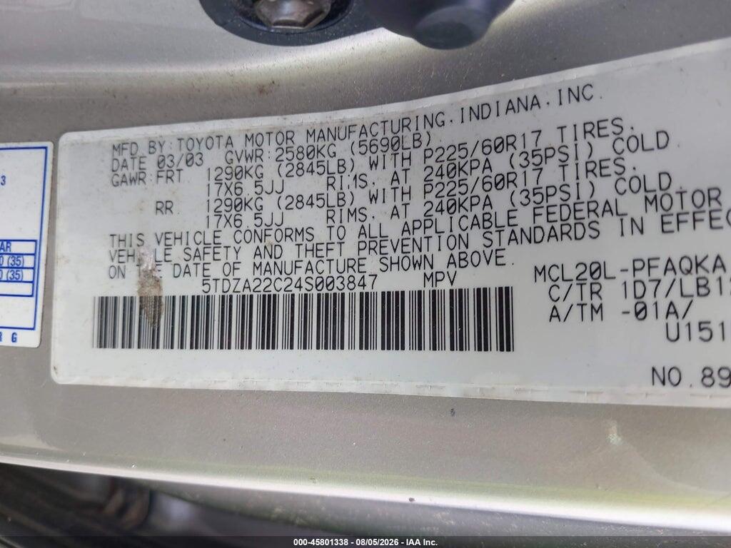 5TDZA22C24S003847 2004 TOYOTA SIENNA photo no. 9