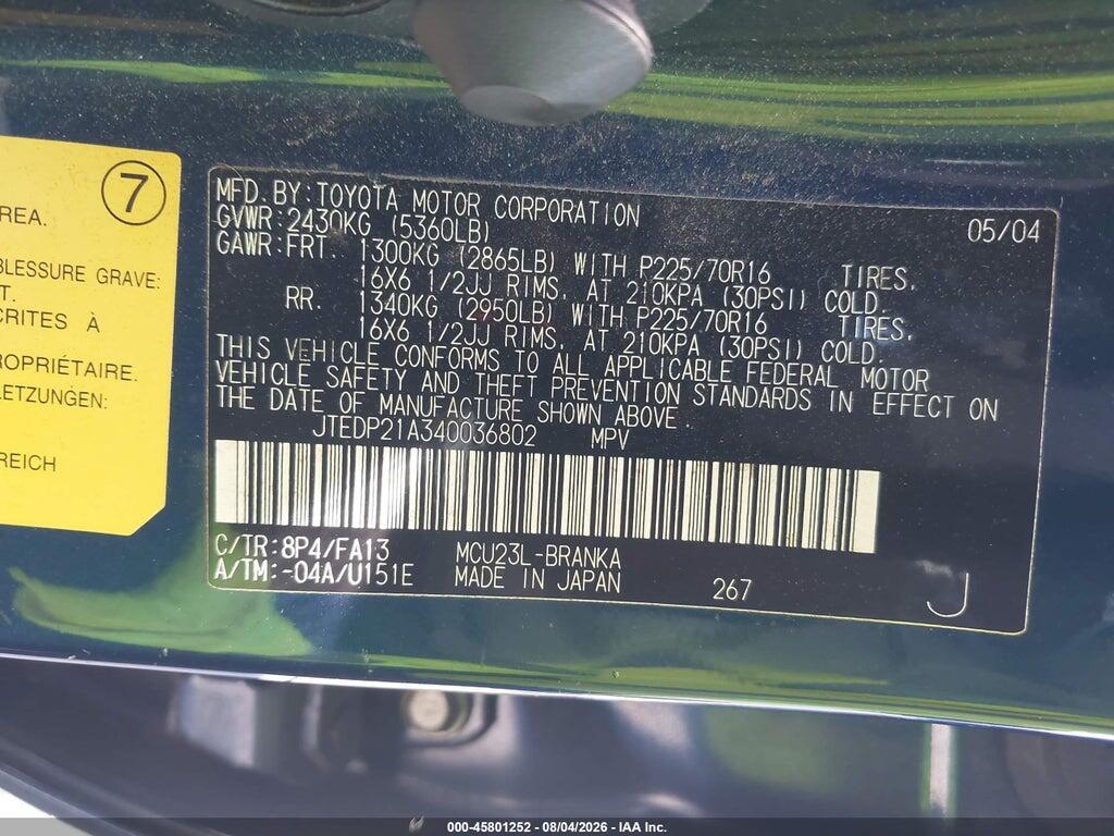 JTEDP21A340036802 2004 TOYOTA HIGHLANDER photo no. 9