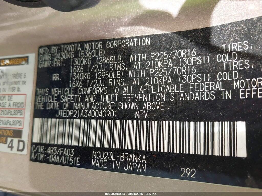 JTEDP21A340040901 2004 TOYOTA HIGHLANDER photo no. 9