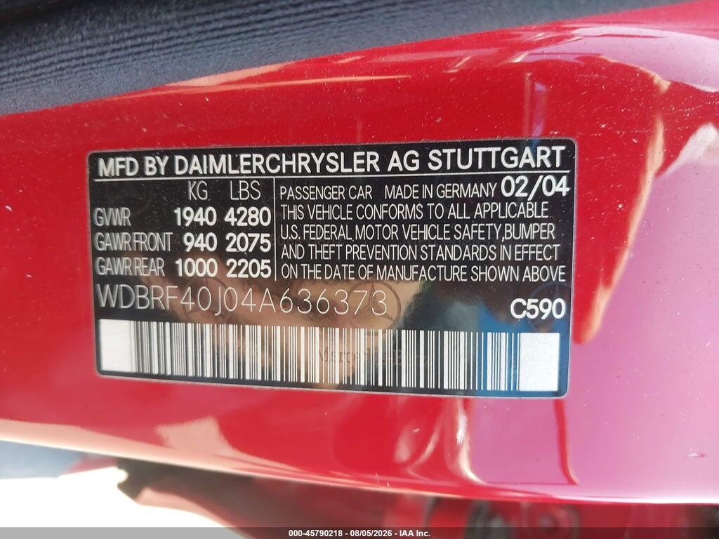 WDBRF40J04A636373 2004 MERCEDES-BENZ C 230 photo no. 9