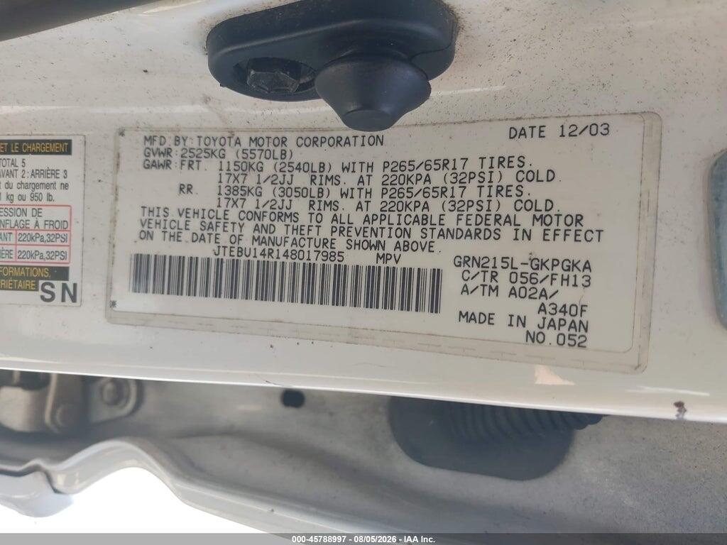 JTEBU14R148017985 2004 TOYOTA 4RUNNER photo no. 9