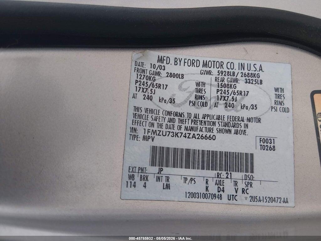 1FMZU73K74ZA26660 2004 FORD EXPLORER photo no. 9