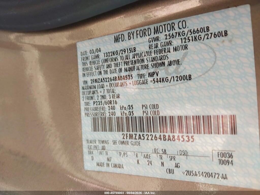 2FMZA52264BA84535 2004 FORD FREESTAR photo no. 9