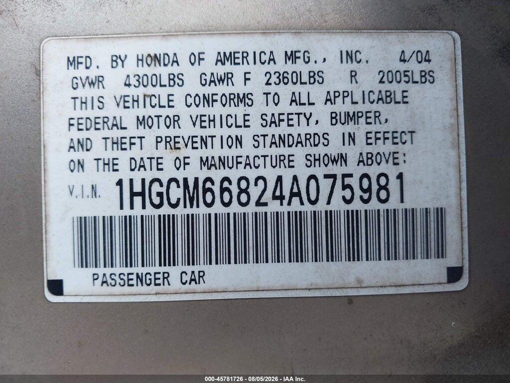 1HGCM66824A075981 2004 HONDA ACCORD photo no. 9