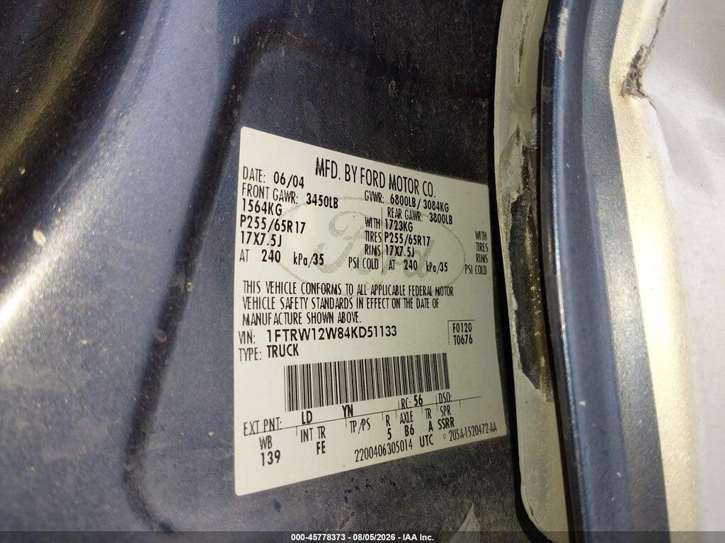 1FTRW12W84KD51133 2004 FORD F-150 photo no. 9