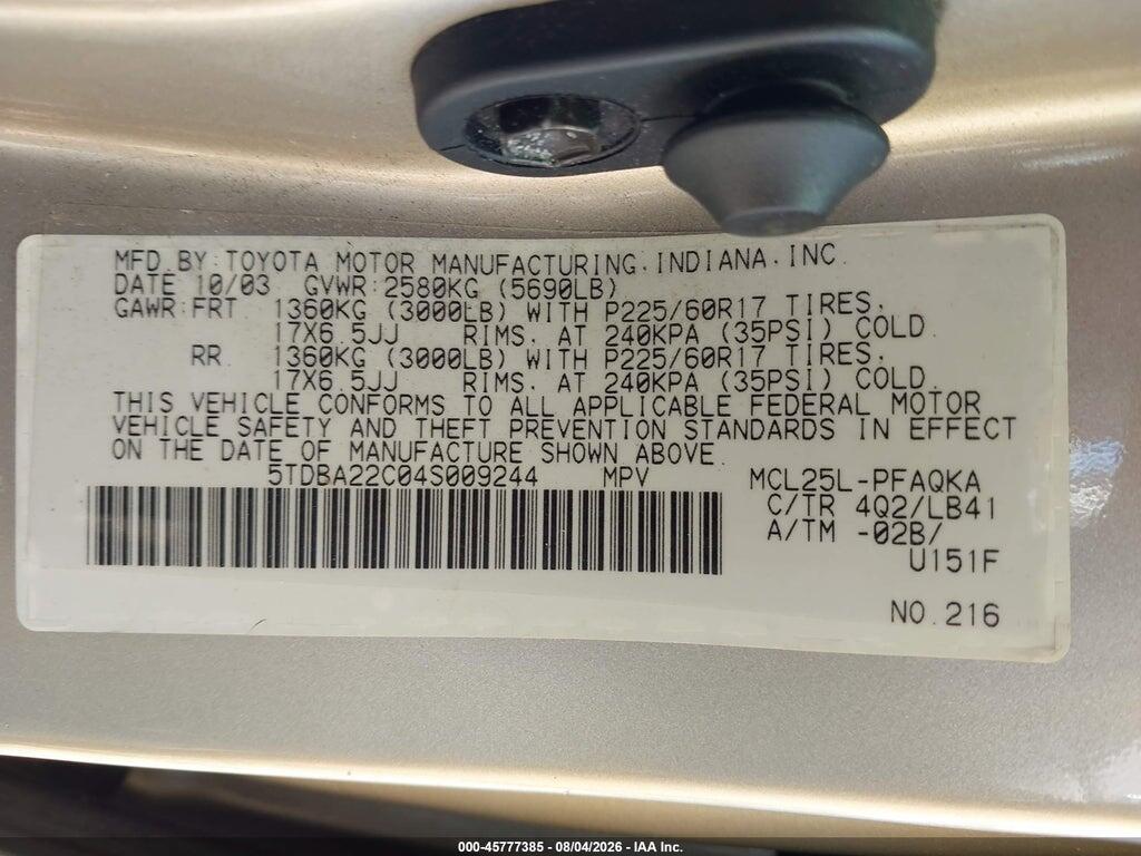 5TDBA22C04S009244 2004 TOYOTA SIENNA photo no. 9