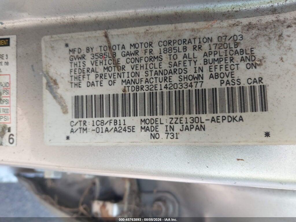 JTDBR32E142033477 2004 TOYOTA COROLLA photo no. 9