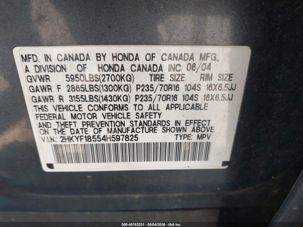 2HKYF18554H597825 2004 HONDA PILOT photo no. 9