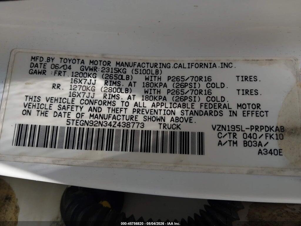 5TEGN92N34Z438773 2004 TOYOTA TACOMA photo no. 9