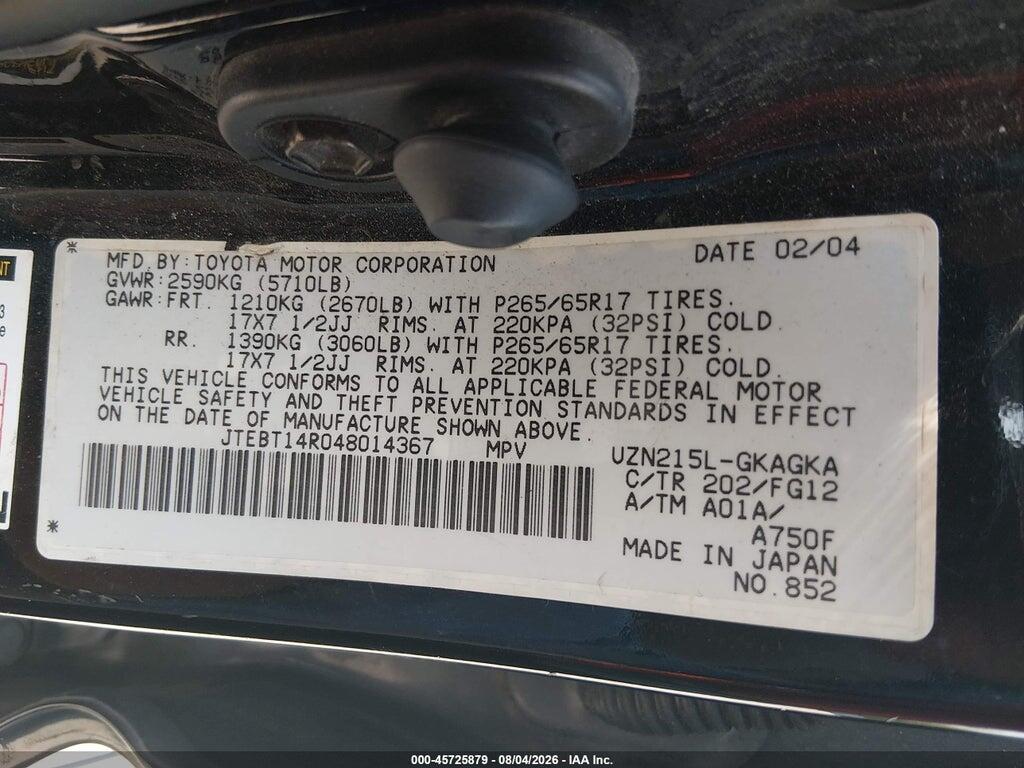 JTEBT14R048014367 2004 TOYOTA 4RUNNER photo no. 9