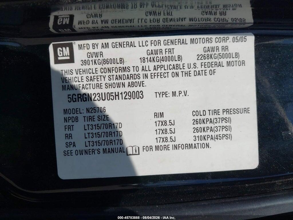 5GRGN23U05H129003 2005 HUMMER H2 SUV photo no. 9