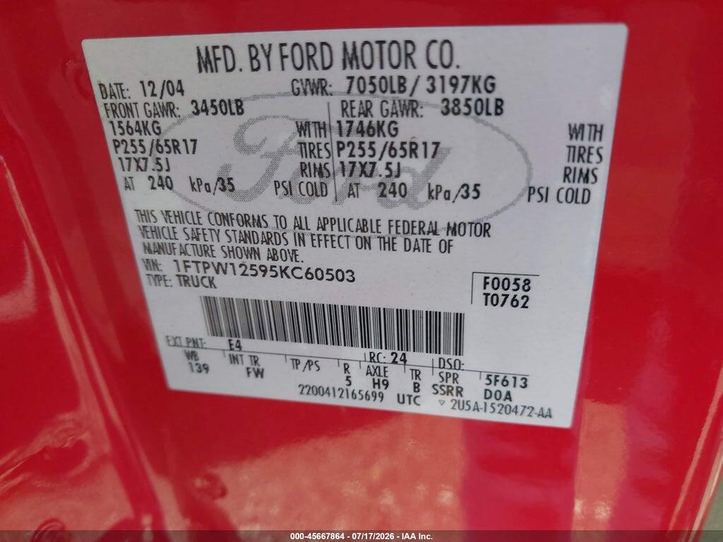 1FTPW12595KC60503 2005 FORD F-150 photo no. 9