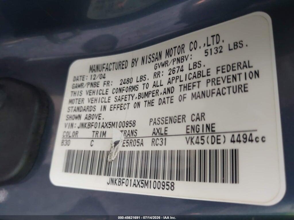 JNKBF01AX5M100958 2005 INFINITI Q45 photo no. 9