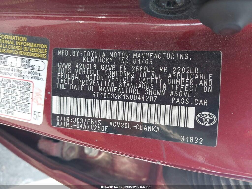 4T1BE32K15U044207 2005 TOYOTA CAMRY photo no. 9