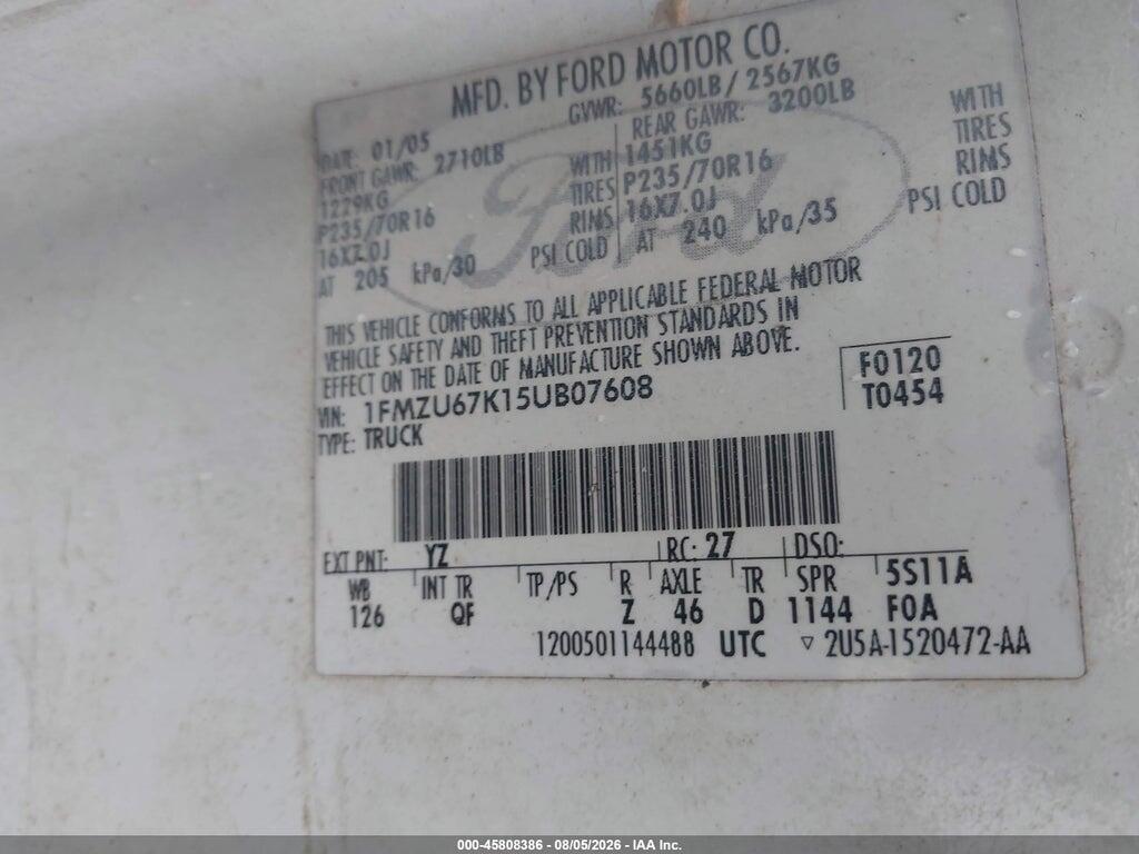 1FMZU67K15UB07608 2005 FORD EXPLORER SPORT TRAC photo no. 9