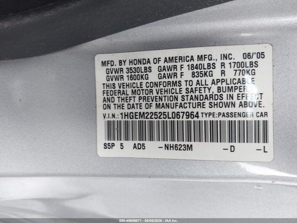 1HGEM22525L067964 2005 HONDA CIVIC photo no. 9