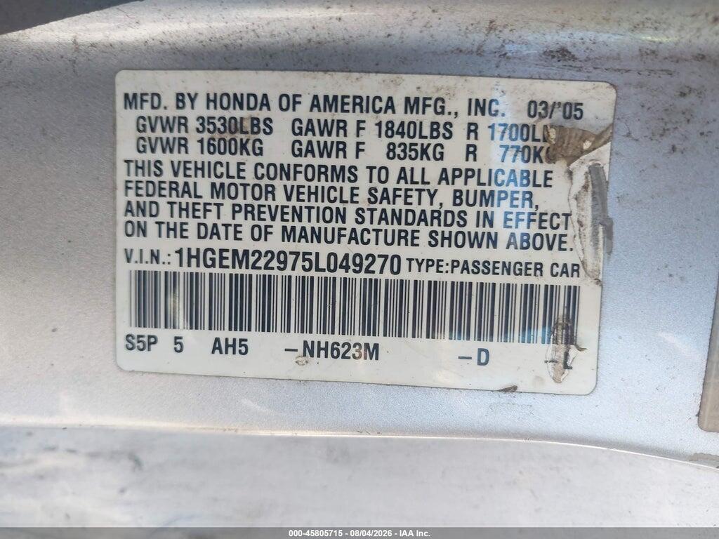 1HGEM22975L049270 2005 HONDA CIVIC photo no. 9