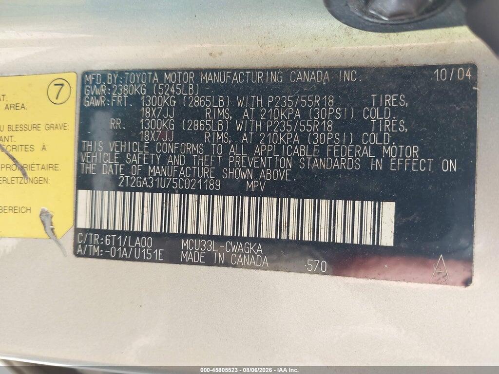 2T2GA31U75C021189 2005 LEXUS RX 330 photo no. 9