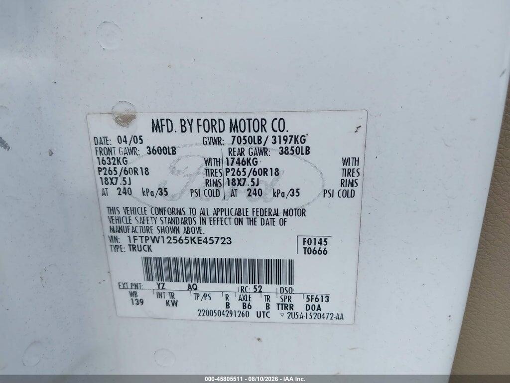 1FTPW12565KE45723 2005 FORD F-150 photo no. 9
