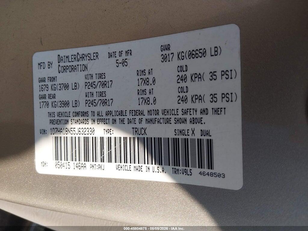 1D7HA18N55J632330 2005 DODGE RAM 1500 photo no. 9