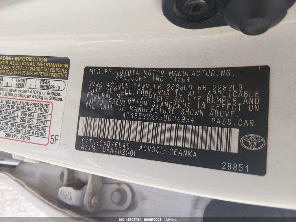 4T1BE32K45U004994 2005 TOYOTA CAMRY photo no. 9