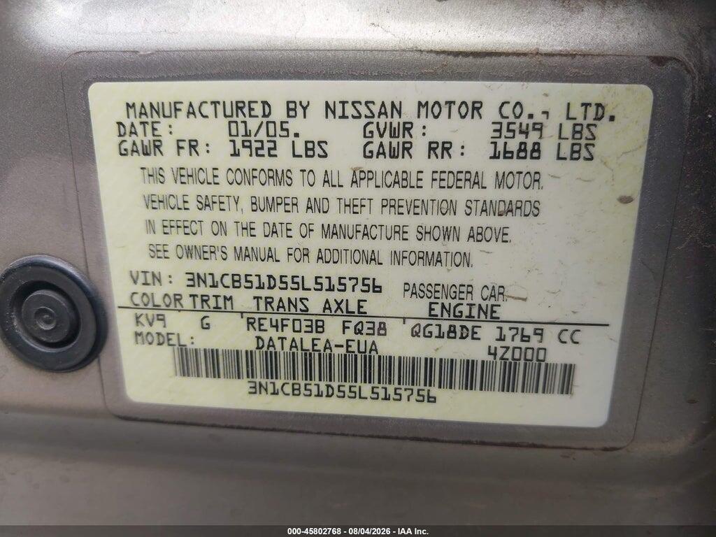 3N1CB51D55L515756 2005 NISSAN SENTRA photo no. 9