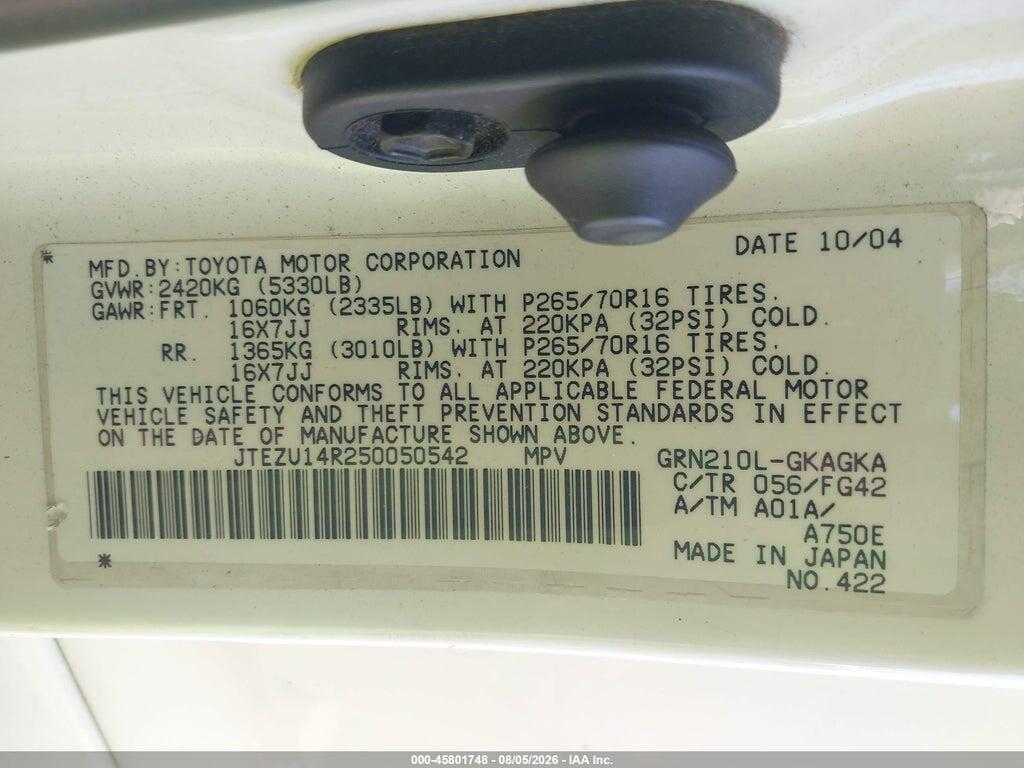 JTEZU14R250050542 2005 TOYOTA 4RUNNER photo no. 9