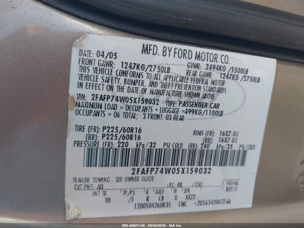 2FAFP74W05X159032 2005 FORD CROWN VICTORIA photo no. 9