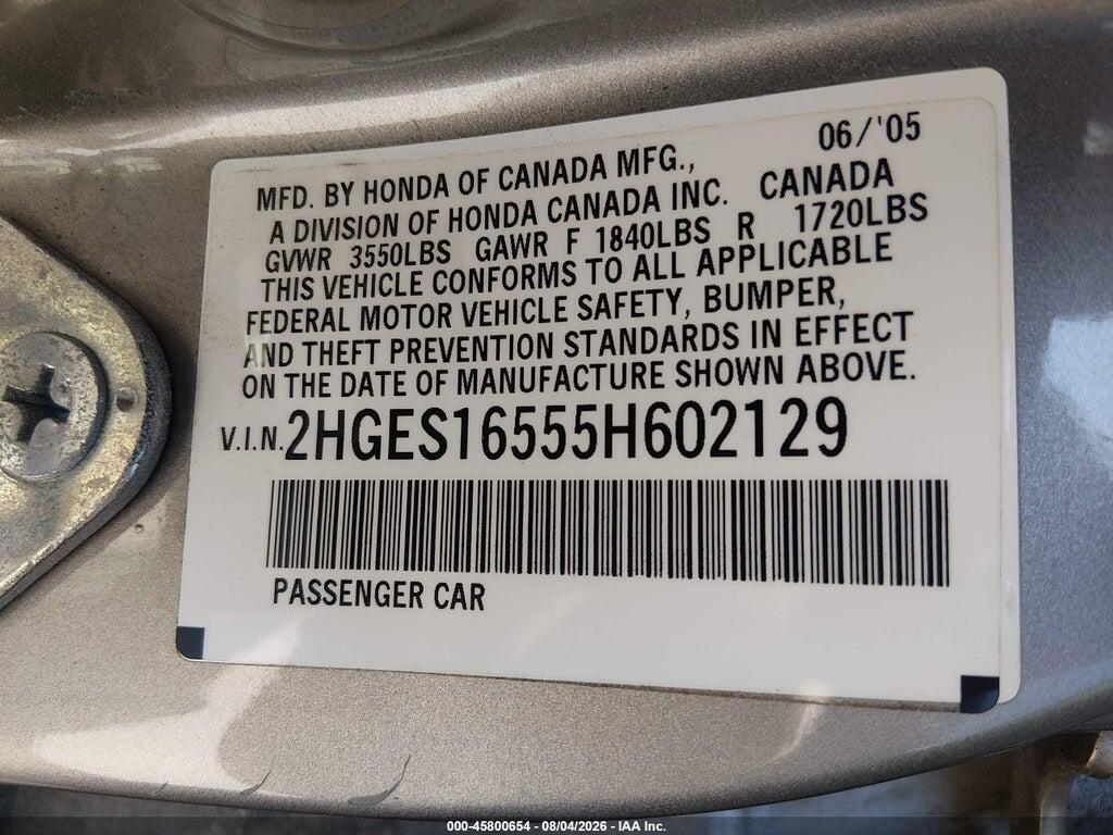 2HGES16555H602129 2005 HONDA CIVIC photo no. 9
