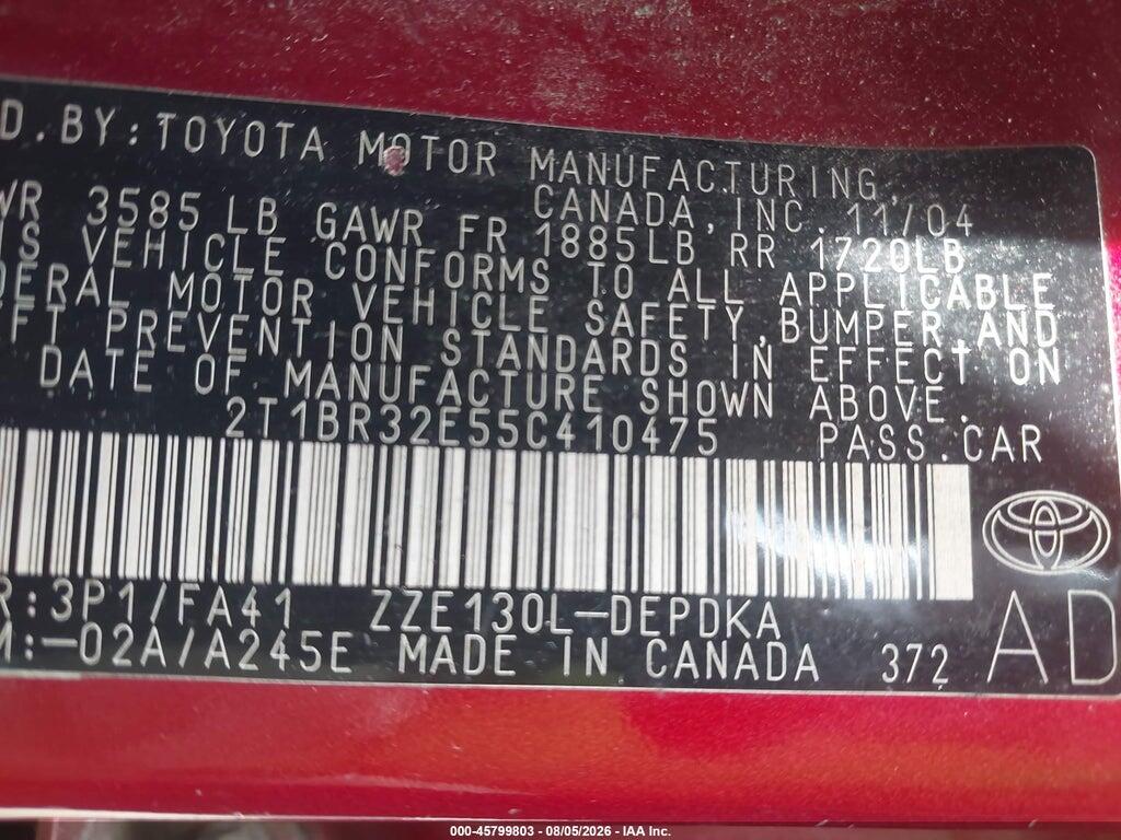 2T1BR32E55C410475 2005 TOYOTA COROLLA photo no. 9