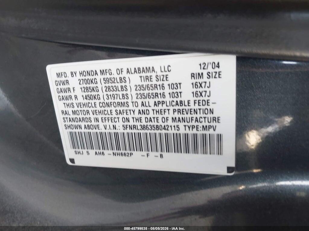 5FNRL38635B042115 2005 HONDA ODYSSEY photo no. 9