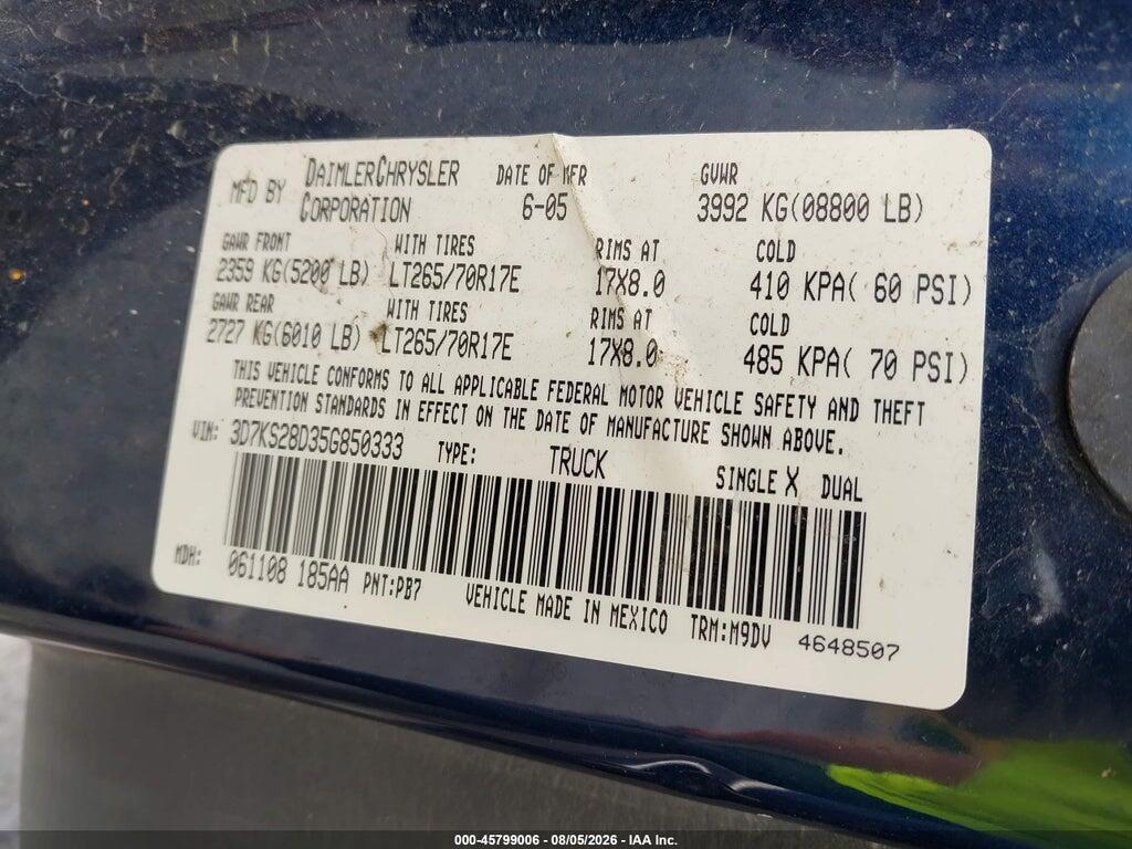 3D7KS28D35G850333 2005 DODGE RAM 2500 photo no. 9